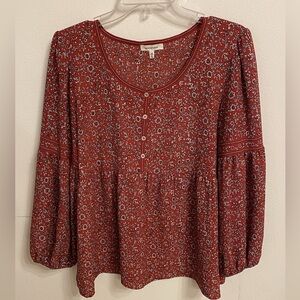 MAX STUDIO Red Floral Print‎ Balloon Sleeve Peasant Blouse Top Women Size M